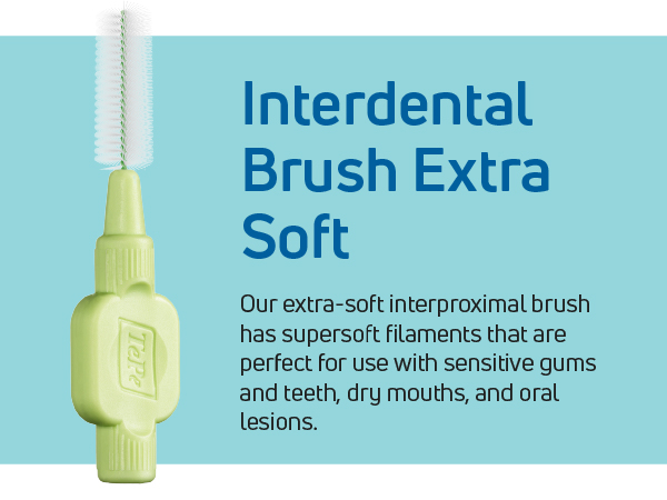 A soft tooth-pick brush. Text reads: Extra-soft brush has supersoft filaments for sensitive gums. 