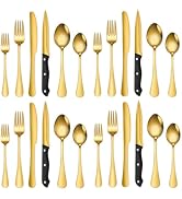 24 Piece Gold Flatware Set With Steak Knives Stainless Steel Silverware For 4 A · HOUSEWARE Forks...