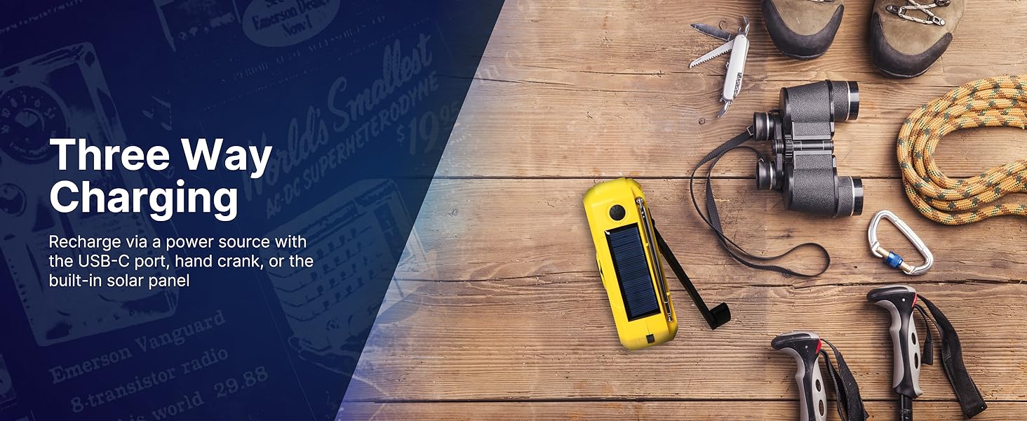 Emerson ER-7050 Emergency Handcrank battery powered solar charging NOAA Weather Radio with SOS alarm
