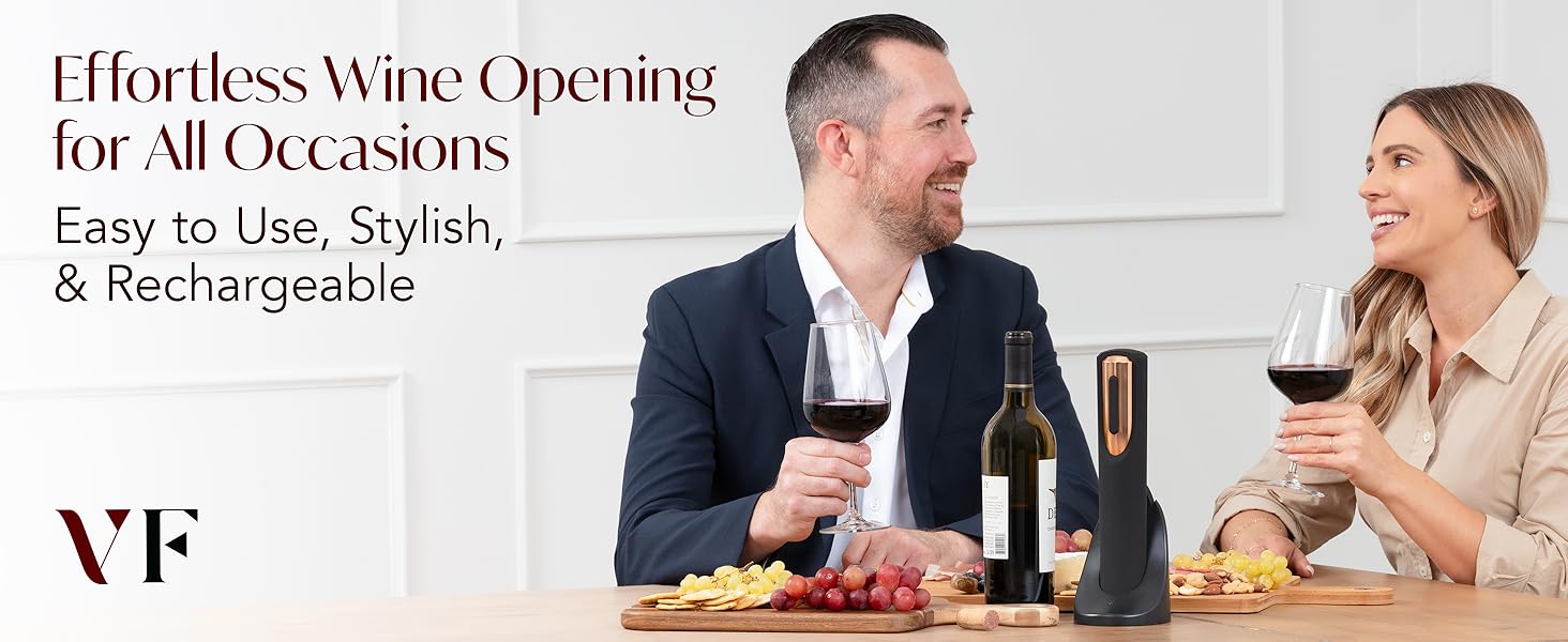 Rechargeable wine bottle opener with red wine and cheese board being enjoyed by happy couple