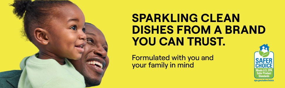 Sparkling clean dishes from a brand you can trust. A parent and child smile over a yellow background