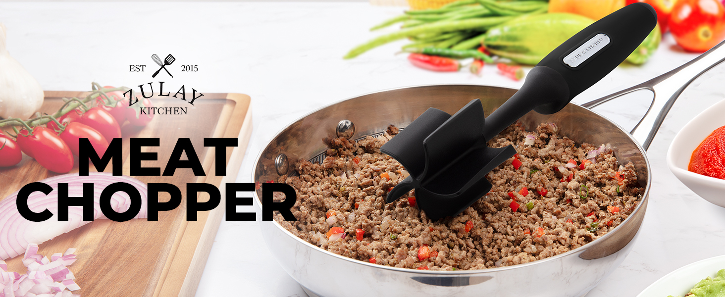 Ergonomic meat chopper with comfy non-slip grip and thumb rest for easy stovetop cooking