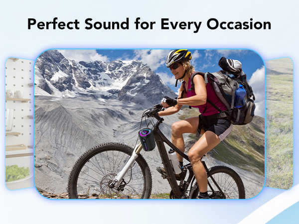 Text reads: 'Perfect Sound for Every Occasion'. Collection of outdoor adventure scenes featuring mountain biking and hiking activities.