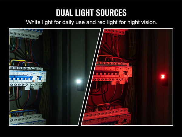 Two light sources: white light for daily use and red light for night vision