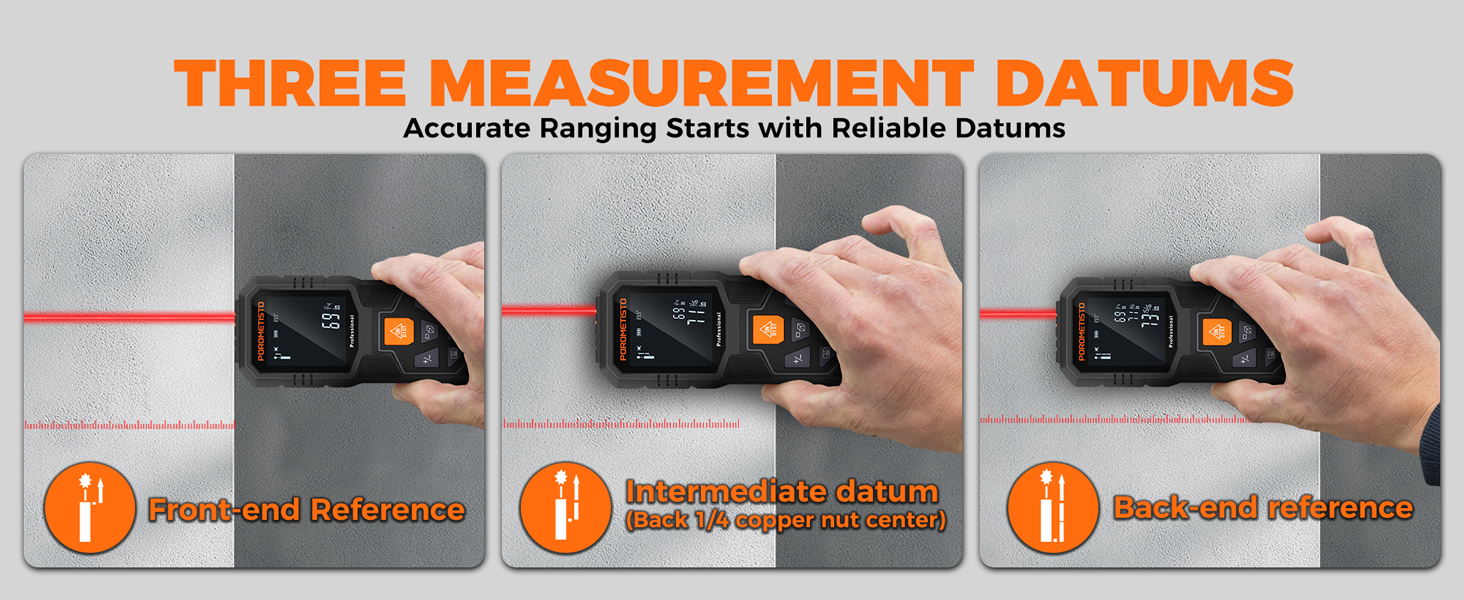 Text reads 'THREE MEASUREMENT DATUMS'. Series of technical images showing measurement device being used against surfaces with red alignment lines.