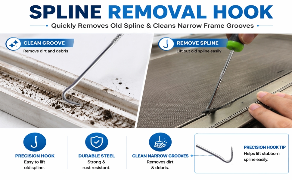 The included spline removal hook quickly lifts out old spline from narrow screen frame grooves.