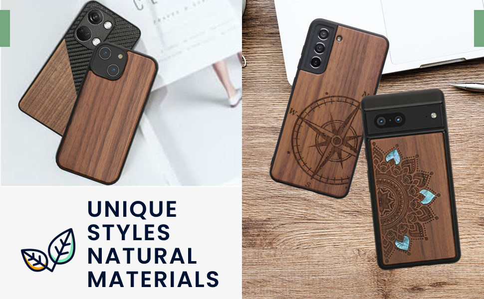 Text reads 'UNIQUE MATERIALS, STYLES NATURAL'. Wooden phone cases with inlaid designs displayed on wooden surface.