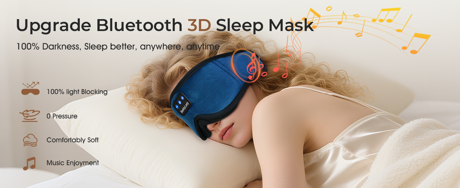Sleep mask Headphones,100% Blackout 3D Zero Eye Pressure Bluetooth Sleep mask