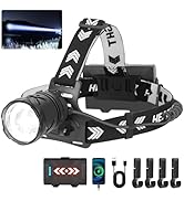 Annteneo LED Headlamp, 100000 Lumen Super Bright Head Lamp USB Rechargeable&amp;Long Beam, Red Tailli...