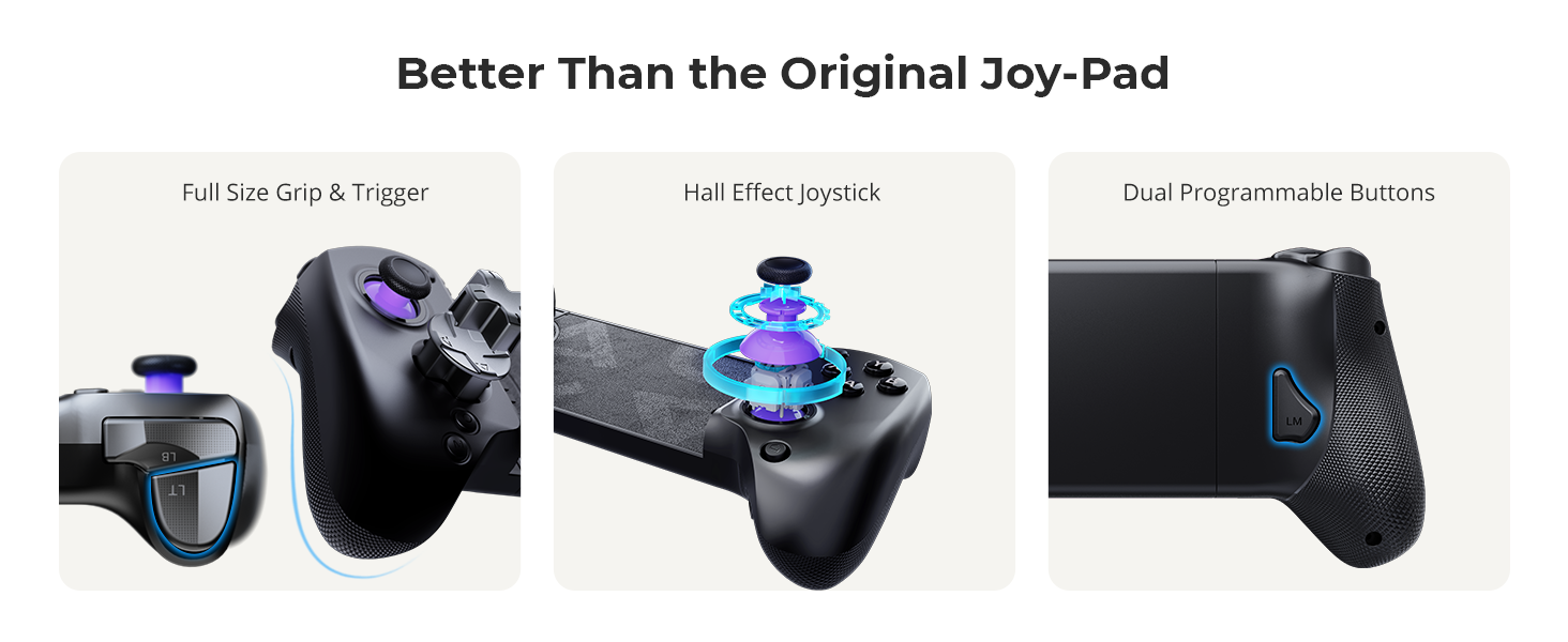 Text reads 'Better Than the Original Joy-Pad'. Product showcase of gaming controller features including full-size grip, trigger, programmable buttons, and joystick with illuminated blue elements.