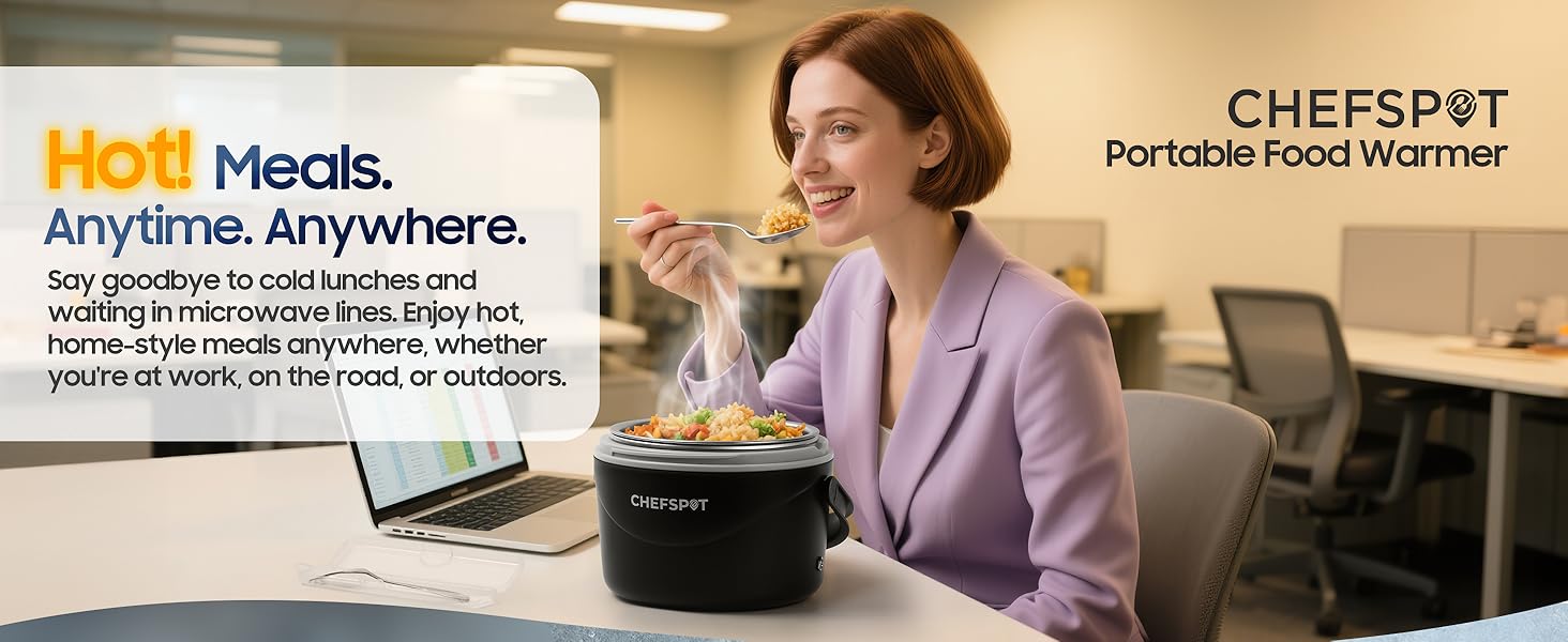 Woman using electric lunch box at desk with hot meal, portable food warmer for office use