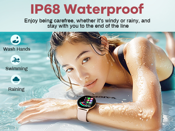 Smartwatch advertisement showing IP68 waterproof rating. Icons indicate suitability for hand washing, swimming, and fishing. Woman wearing watch while swimming.