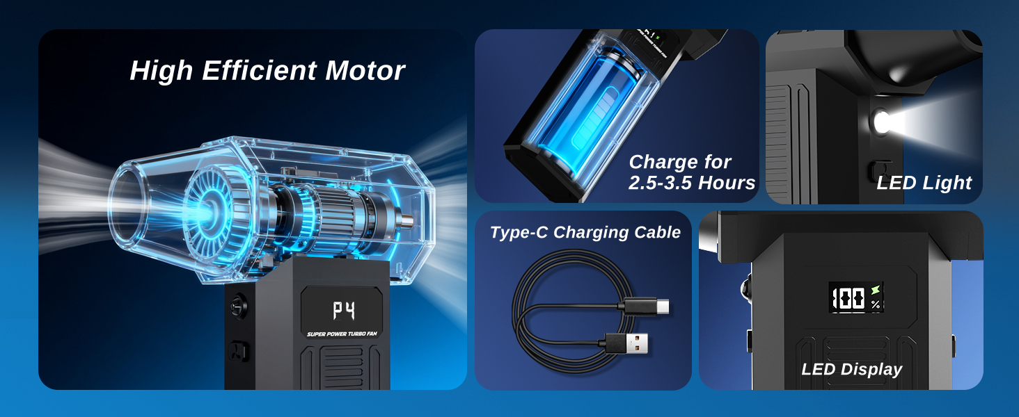 MiaEpic Air Blower,High Efficient Motor,Chaege for 2.5-3.5 Hours,LED Light,Type-C Charging Cable