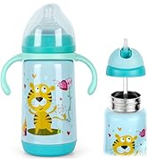 PHEENOWL Stainless Steel Insulated Baby Bottle 10oz – Medium-Flow Nipple &amp; Straw Lid with Removab...