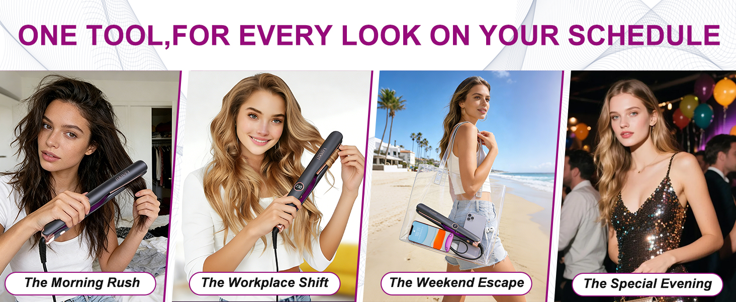 Text reads 'ONE TOOL FOR EVERY LOOK ON YOUR SCHEDULE'. Series of lifestyle photos showing hair styling tool being used in different settings and styles.