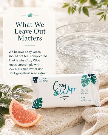 Cozy Wipe baby wipes with water and grapefruit in a clean natural setting.