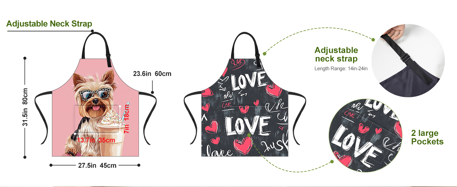 Dog-themed apron and love-themed apron