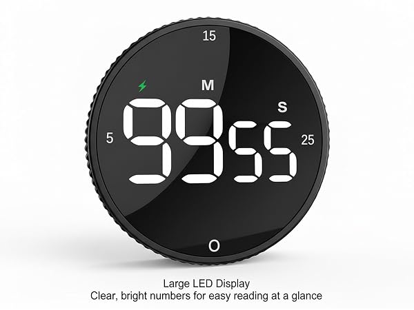 Black circular digital timer with LED display showing '59:55'. Text below reads 'Large LED Display Clear, bright numbers for easy reading at a glance'.