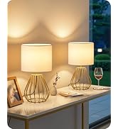 GOEBLESON Gold Table Lamp Set of 2, Small Bedside Lamp with Gold Metal Base &amp; White Linen Lampsha...