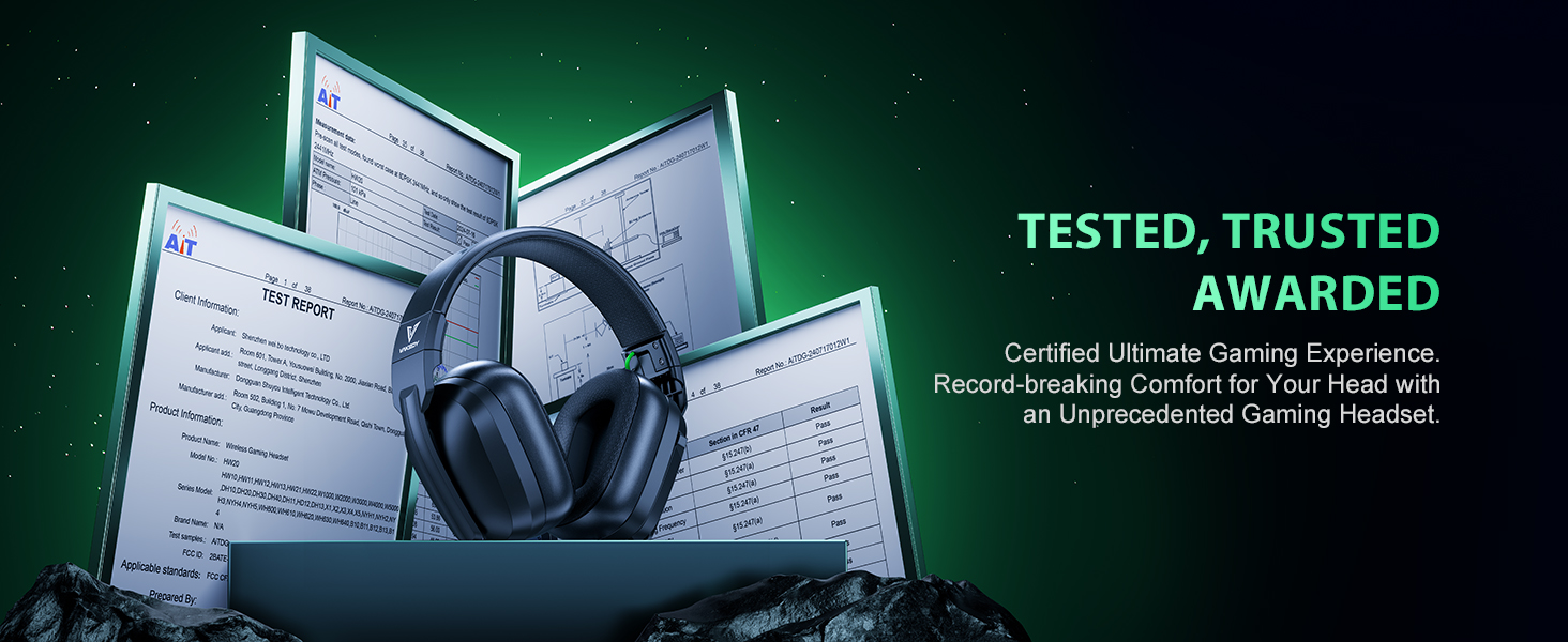 Over-ear headphones displayed with certification documents. Text 'TESTED, TRUSTED AWARDED' visible, suggesting product quality assurance.