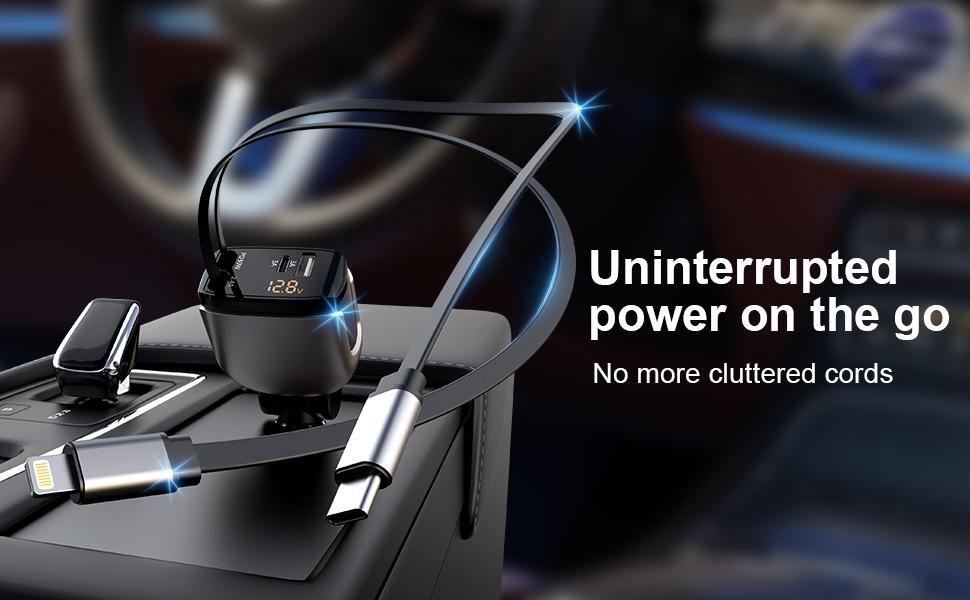 Retractable car charger 4 in 1, suitable for your car phone car charger, traveling companion.