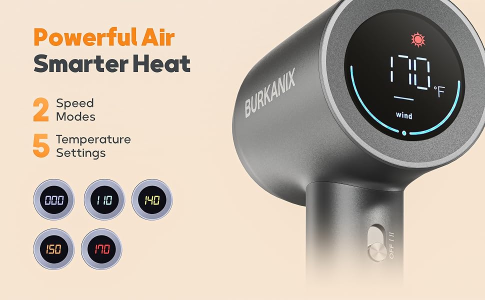 Close-up of the BURKANIX hair dryer display showing speed modes and temperature setting options.