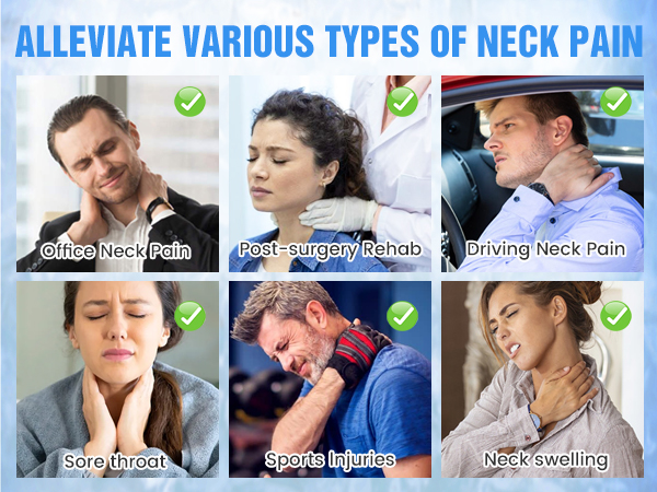 Medical infographic showing six different types of neck pain conditions, each illustrated with an image and labeled with specific condition types.