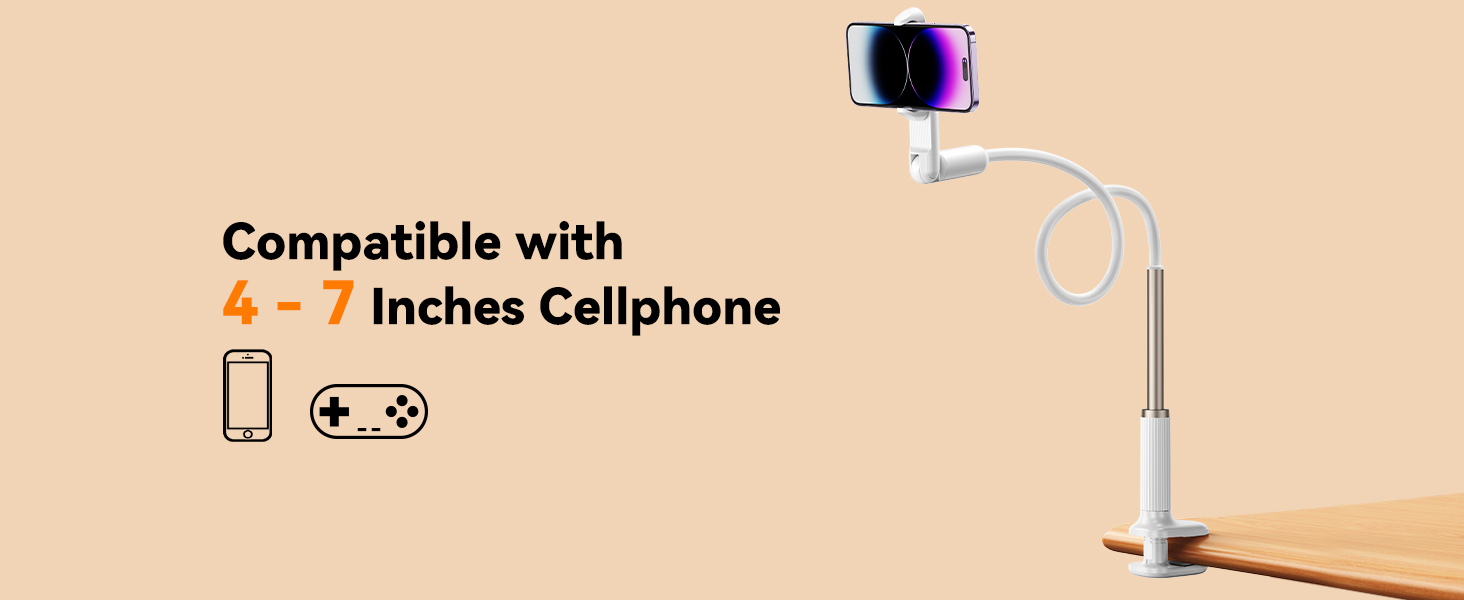 Overhead Lazy Bracket with Flexible Long Arm, Compatible with 4.7-7 Inches Cellphone