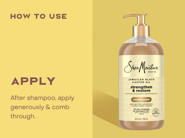 Image of the SheaMoisture Strengthen &amp; Restore Conditioner bottle, next to applying instructions.