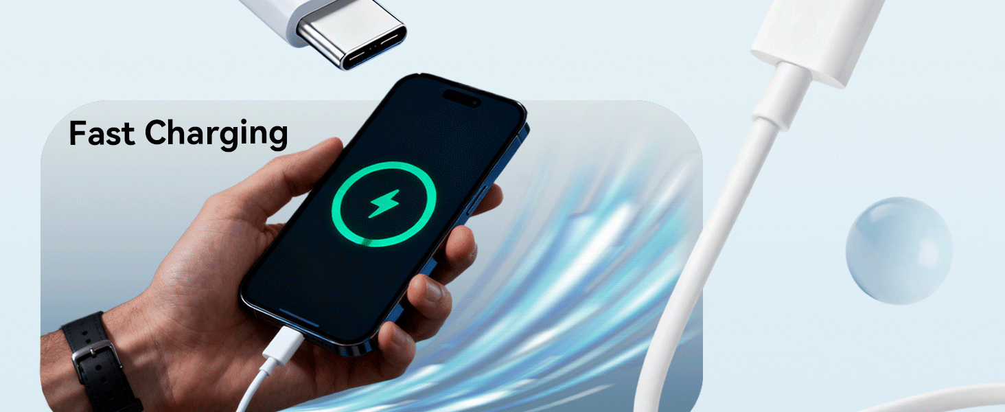 Text reads 'Fast Charging'. Promotional image showing a charging device with glowing turquoise indicator light against a white background with blue motion effects.