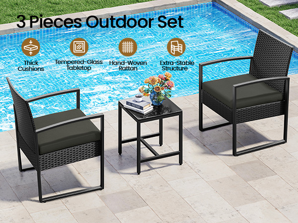  3-Piece Patio Set Rattan Chairs &amp; Table 