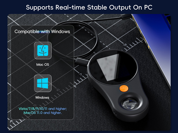 Black wireless device with orange button, showing Windows and Mac OS compatibility icons and system requirements text against geometric background.