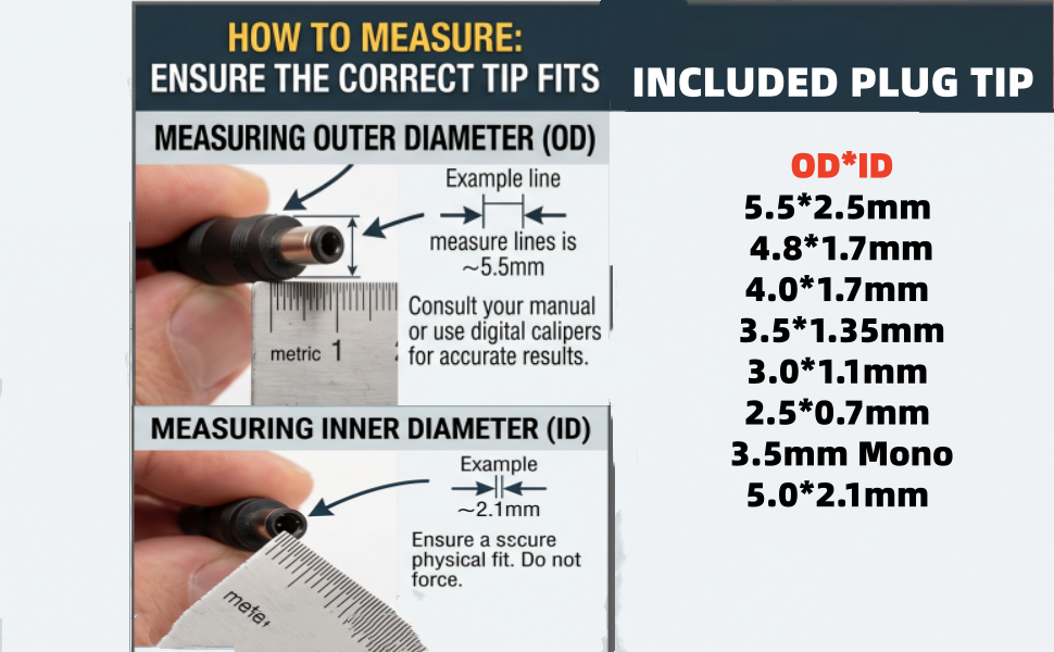 5.5*2.5mm, 4.8*1.7mm, 4.0*1.7mm, 3.5*1.35mm, 3.0*1.1mm, 2.5*0.7mm, 3.5mm Mono, and 5.0*2.1mm.