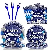 Wiooffen Blue Birthday Party Tableware Set for 24 Guests Navy Blue and Silver Happy Birthday Part...