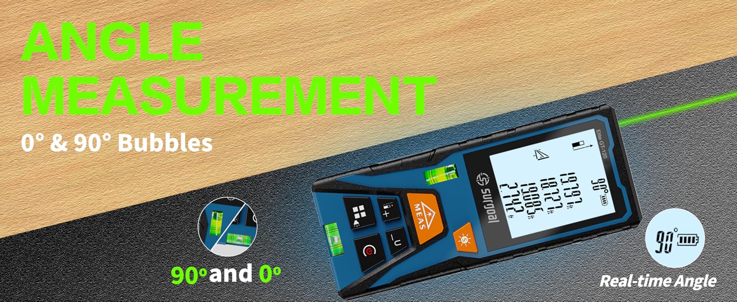 Offers real-time angle measurement with 0° and 90° level bubbles for precision.