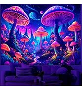 Simpkeely Blacklight Fantasy Mushroom Forest Tapestry – UV Reactive Glow in the Dark Galaxy Mushr...