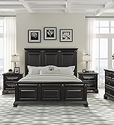 Renova Vintage Black Wood Bedroom Set, King Panel Bed, Dresser, Mirror, Two Nightstands, Chest