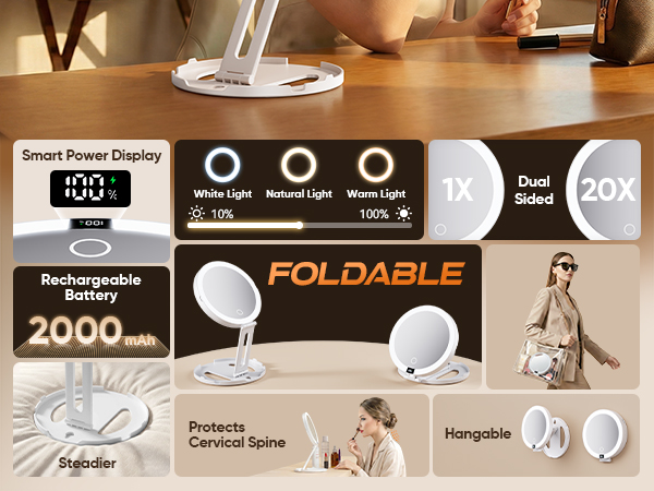 Features overview showing 2000mAh battery smart power display and hangable base design