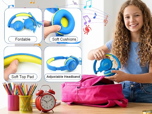 Fordable confortable wired kids headphones with volume limiter bult-in-Mic for school