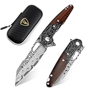 AUBEY Damascus Pocket Knife for Men, Damascus Steel Blade, Folding Knives with Wooden Handle, EDC...
