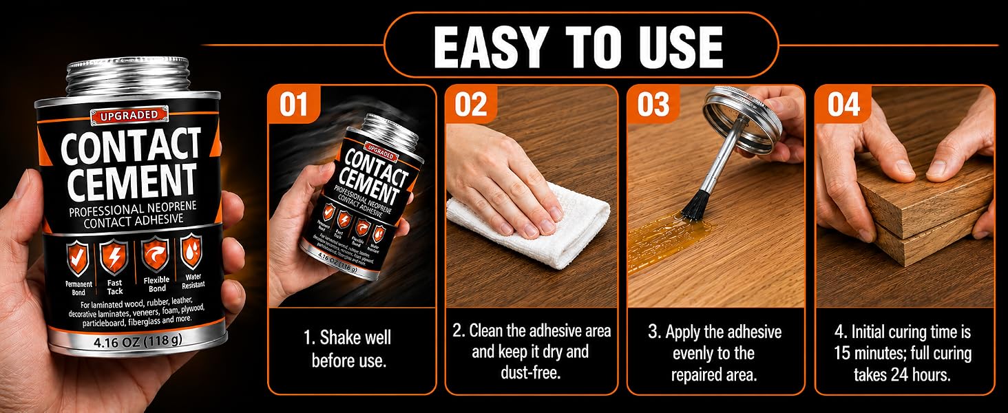 Easy-to-use contact cement: shake, clean, apply, press and cure in 24 hours