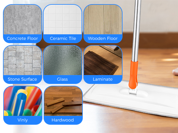 Grid display of nine surface material samples labeled: Concrete Floor, Ceramic Tile, Wooden Floor, Stone Surface, Glass, Laminate, Hardwood, and thermal imaging sample with orange tool visible.