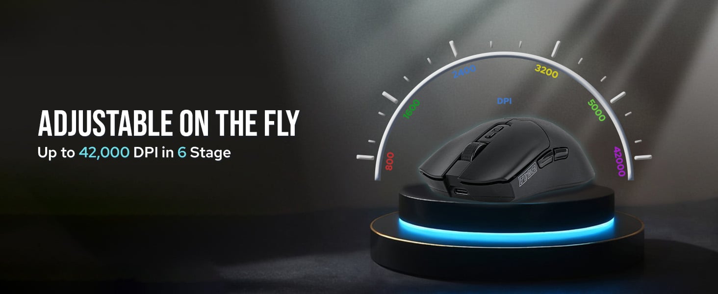 Gaming mouse on illuminated display stand with arc-shaped DPI indicator. Text highlights adjustable DPI up to 42,000. Mouse features ergonomic design with side buttons and textured grip.