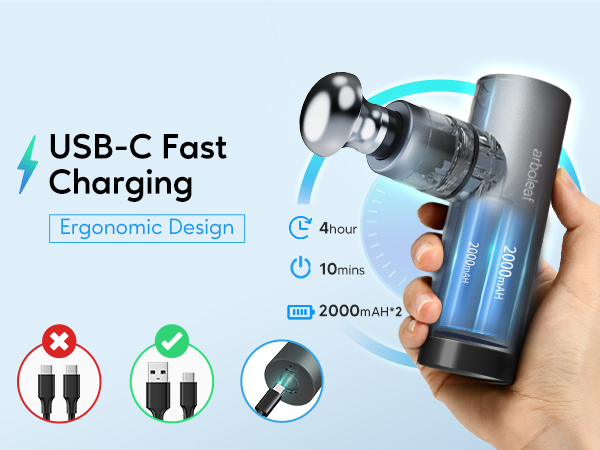 massage gun with USB-C fast charging, ergonomic grip, dual 2000mAh batteries