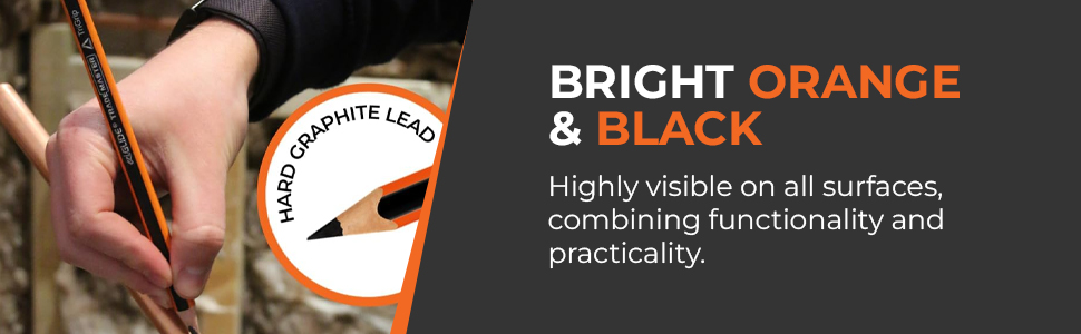 Close-up of a bright orange measuring tape or tool against a black background, with text highlighting its visibility and functionality.