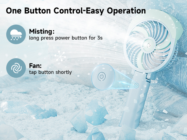 Portable misting fan with one-button control. Long press for misting, short press for fan. Blue-tinted product image on icy background.