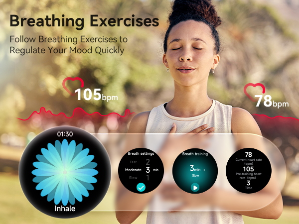 Smartwatch interface displaying breathing exercise guidance, with heart rate and timer information. Shows a blue flower graphic for inhaling.