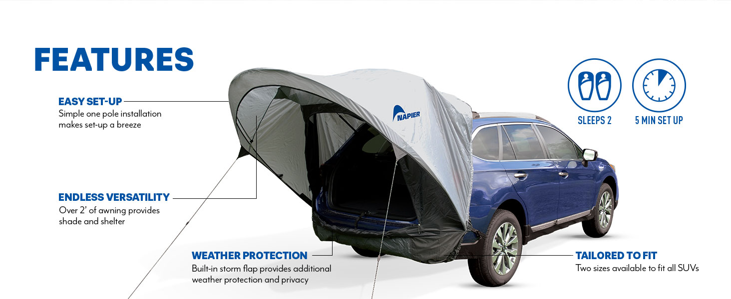 Napier Sportz Cove SUV tent with 2 foot awning provides shade and weather protection