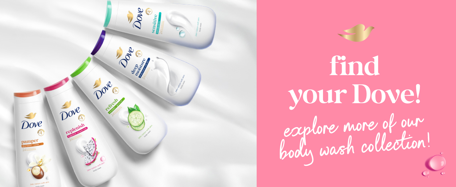 Dove body wash bottles rest on silky white fabric, with a pink background &amp;amp;amp; dove emblem.