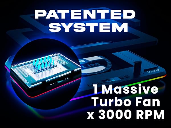 Text reads 'PATENTED SYSTEM' and '1 Massive Cooling Fan x 3000 RPM'. Shows technical product image with blue-lit cooling system components.